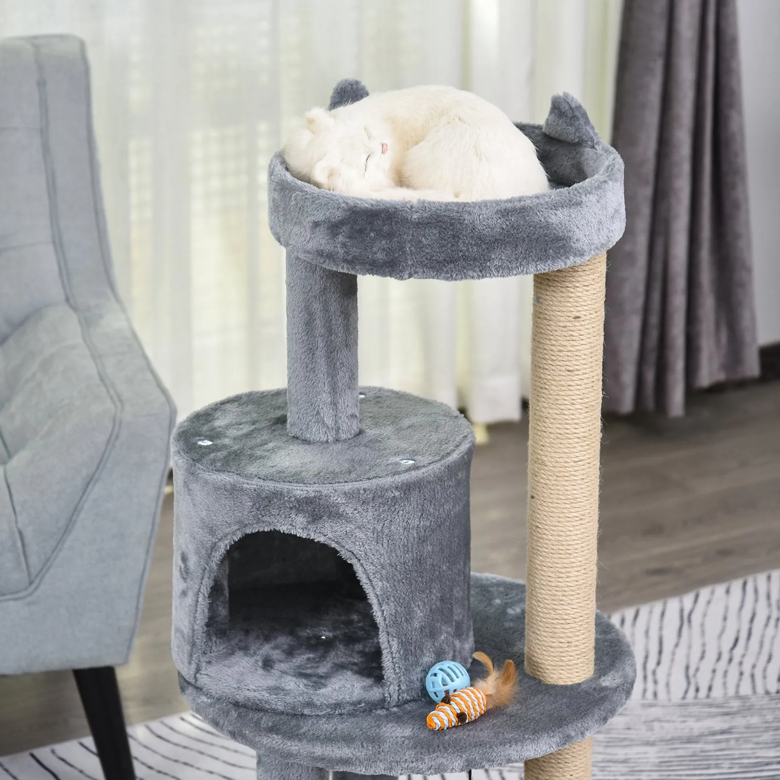 104 cm Cat Tree, Cat Condo Tree Tower, Cat Activity Centre with Scratching Posts, Plush Perch, Hanging Ball - Beige