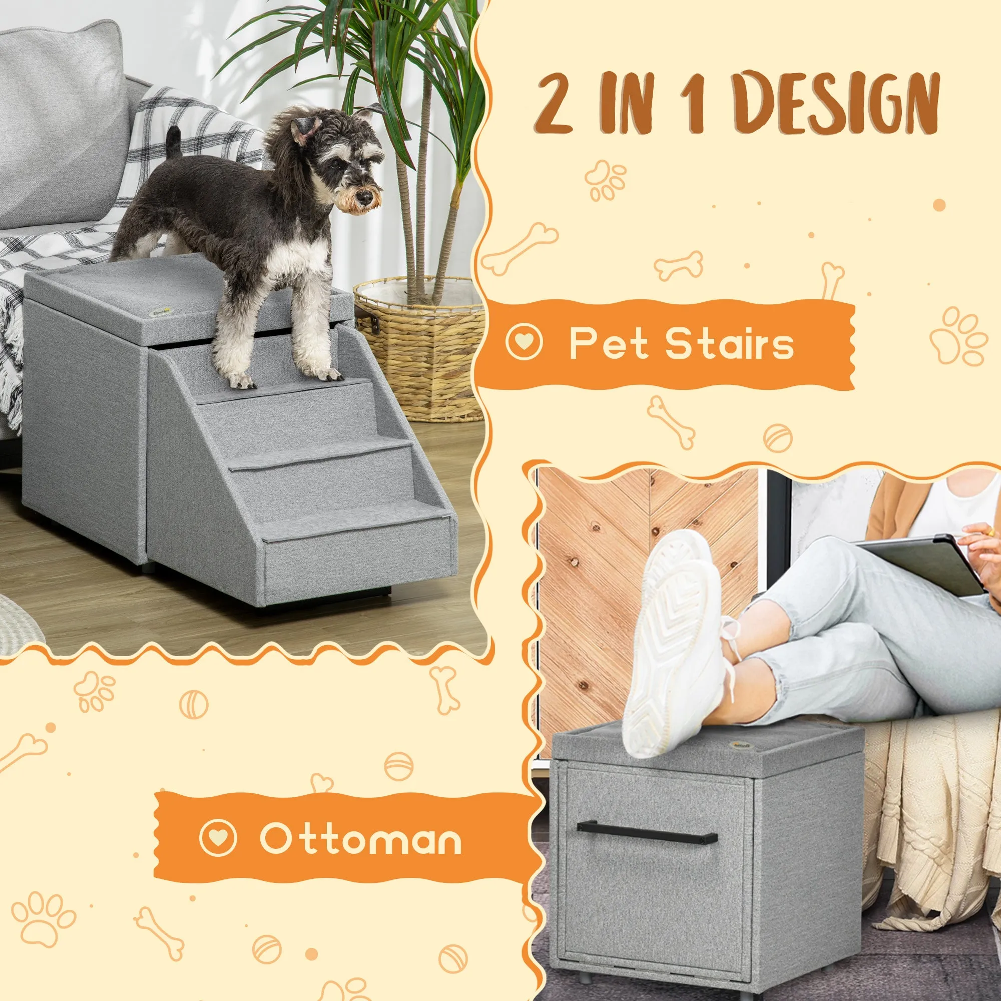 2 in 1 Dog Steps Ottoman, 4-Tier Pet Stairs for Small Medium Dogs and Cats, with Storage Compartment