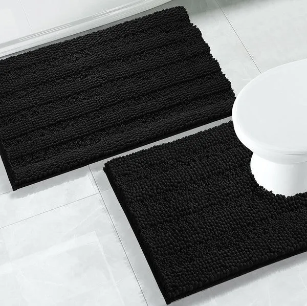 2PC Black Soft Cozy Plush Chenille Bath Mat Set