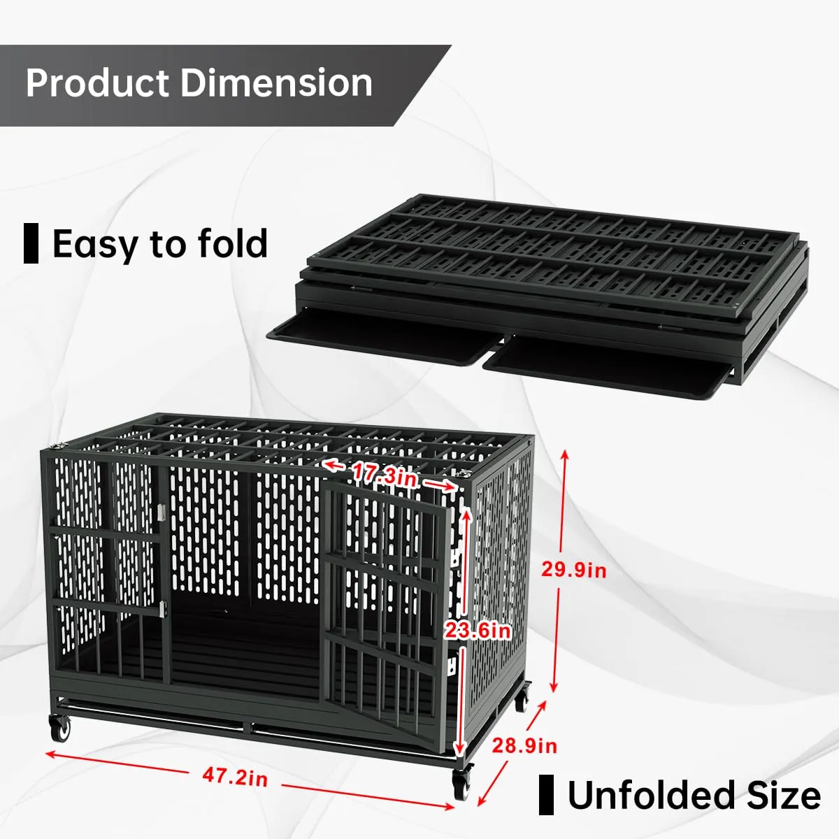 48 Inch Heavy Duty Dog Crate with Wheels, Folding Metal Big Dog Cage for Large and Medium Dogs, Extra Large XL XXL Indestructible Dog Crate with Removable Tray.