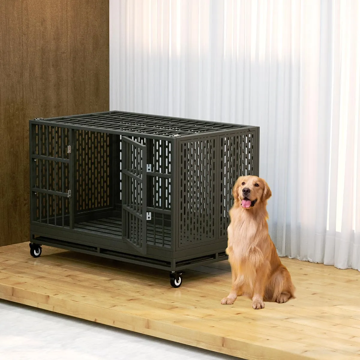 48 Inch Heavy Duty Dog Crate with Wheels, Folding Metal Big Dog Cage for Large and Medium Dogs, Extra Large XL XXL Indestructible Dog Crate with Removable Tray.