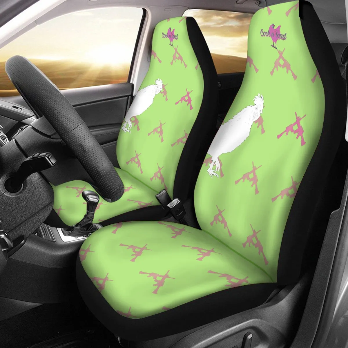 #514 cocknload Universal Car Seat Cover With Thickened Back in lime green with rooster in gun print