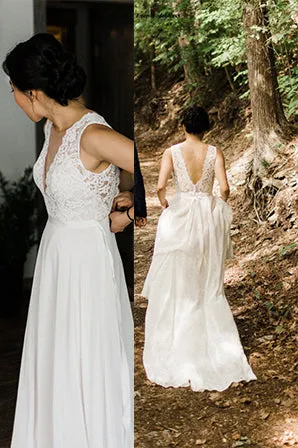 A-line Sheer Round Neckline Lace Chiffon Beach Wedding Dress OW581