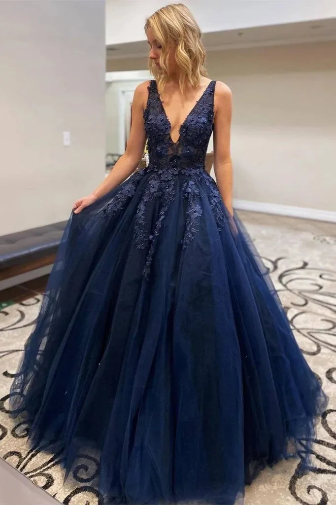 A-line V Neck Appliques Navy Blue Prom Dresses PO433