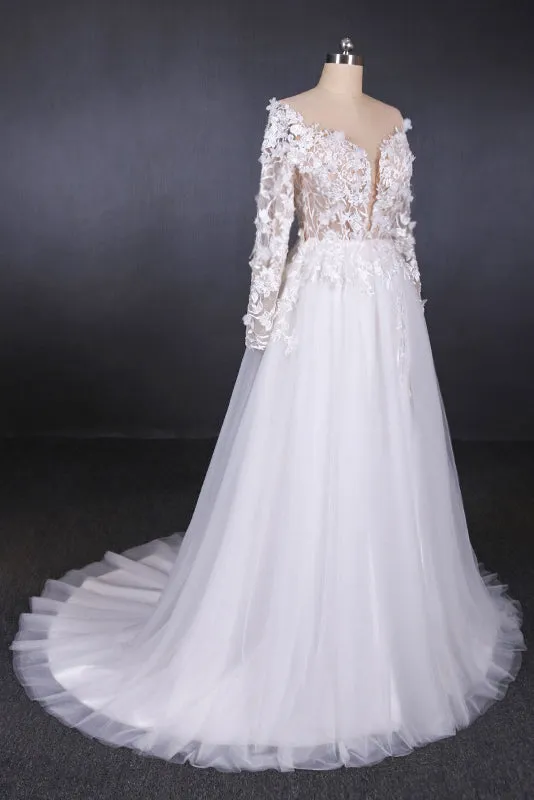 A-line V-neck Long Sleeves Wedding Dress With Lace Appliques