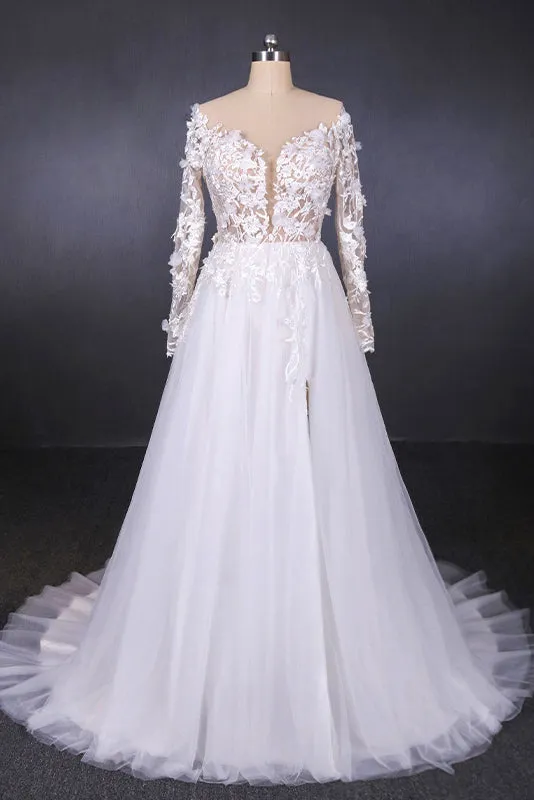 A-line V-neck Long Sleeves Wedding Dress With Lace Appliques