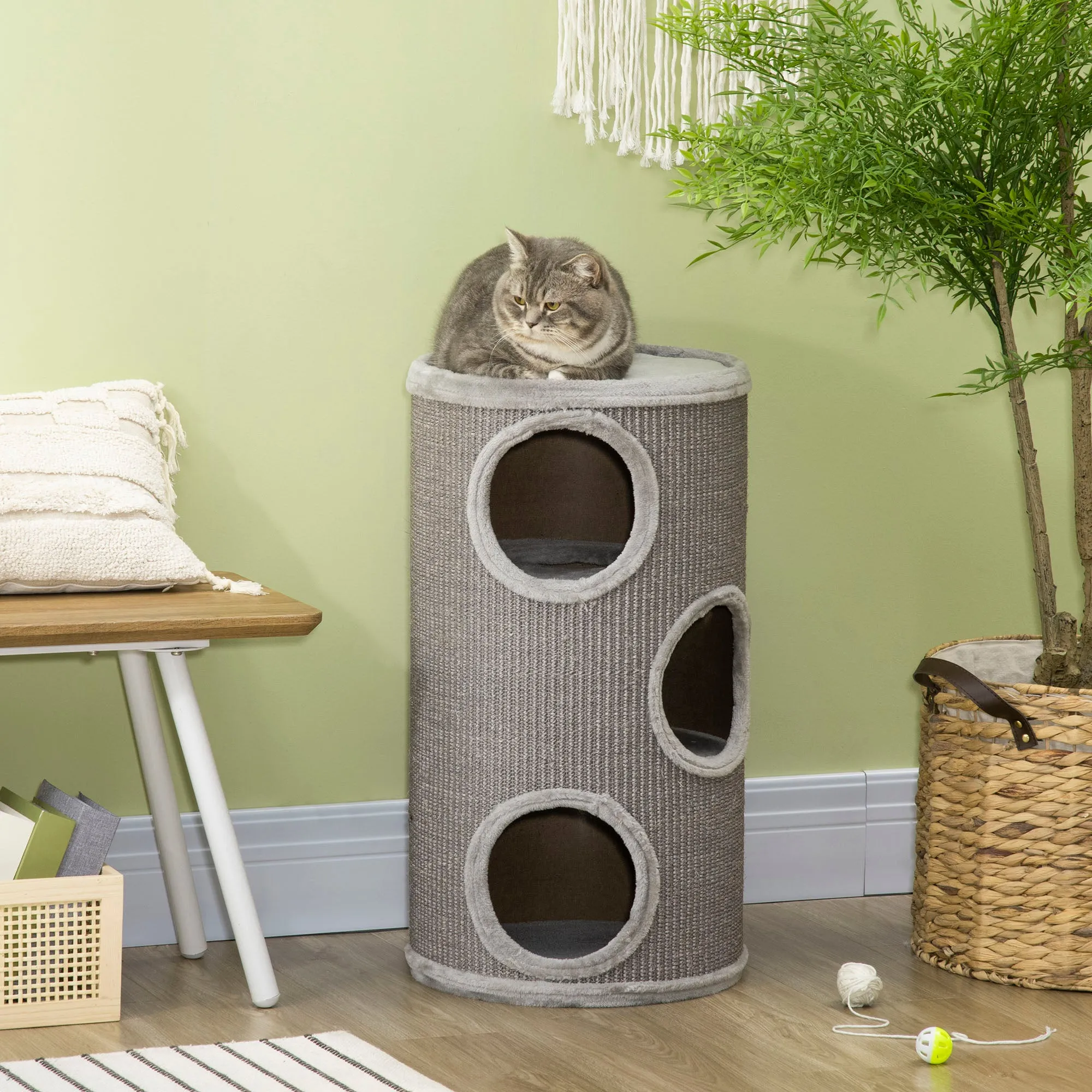 Cat Barrel Kitten Tree Tower for Indoor Cats, Cat Climbing Frame Covered with Sisal, Cosy Platform - Grey