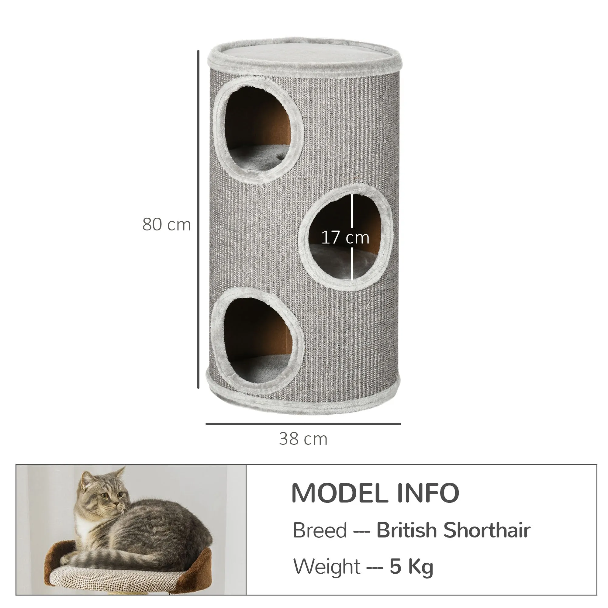 Cat Barrel Kitten Tree Tower for Indoor Cats, Cat Climbing Frame Covered with Sisal, Cosy Platform - Grey