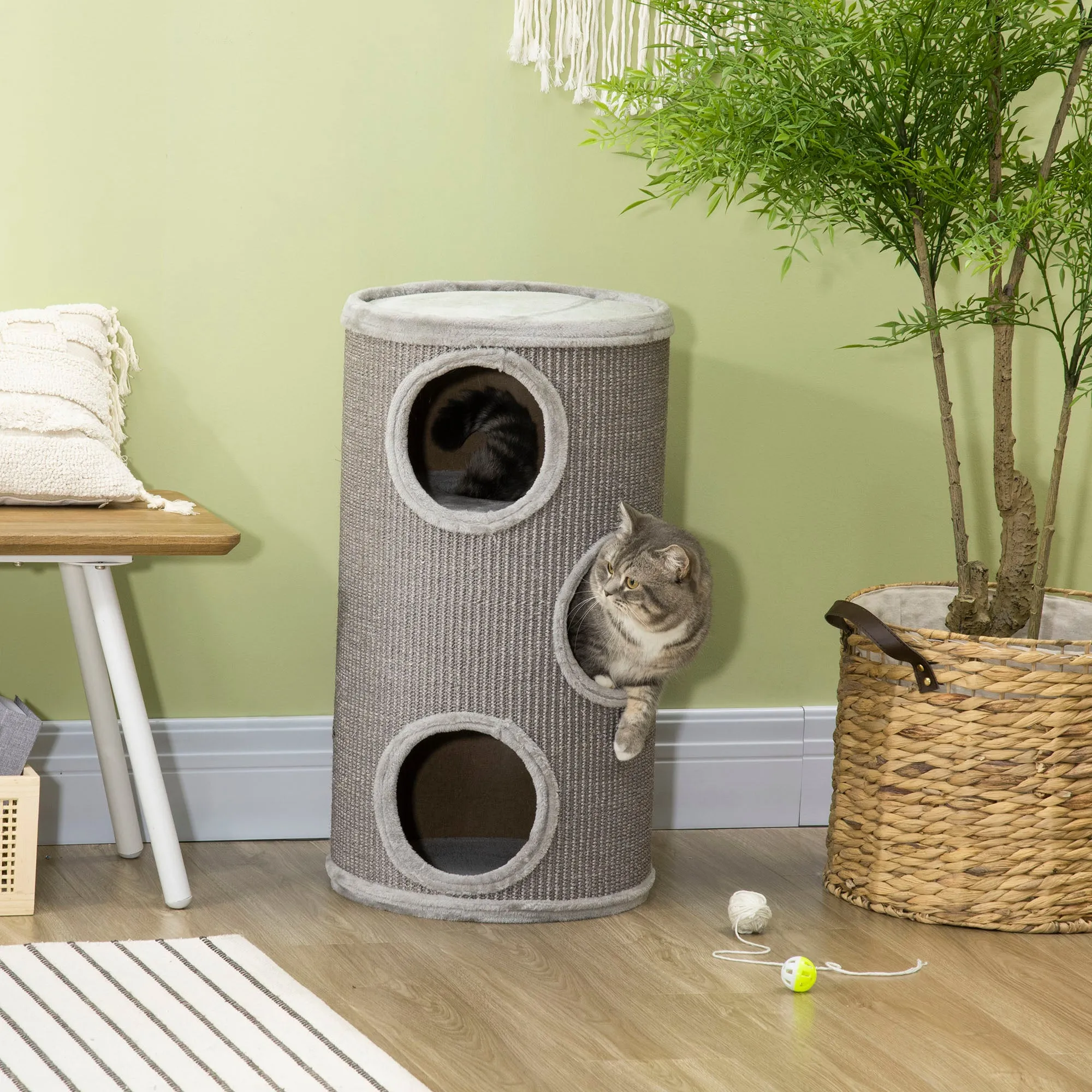 Cat Barrel Kitten Tree Tower for Indoor Cats, Cat Climbing Frame Covered with Sisal, Cosy Platform - Grey