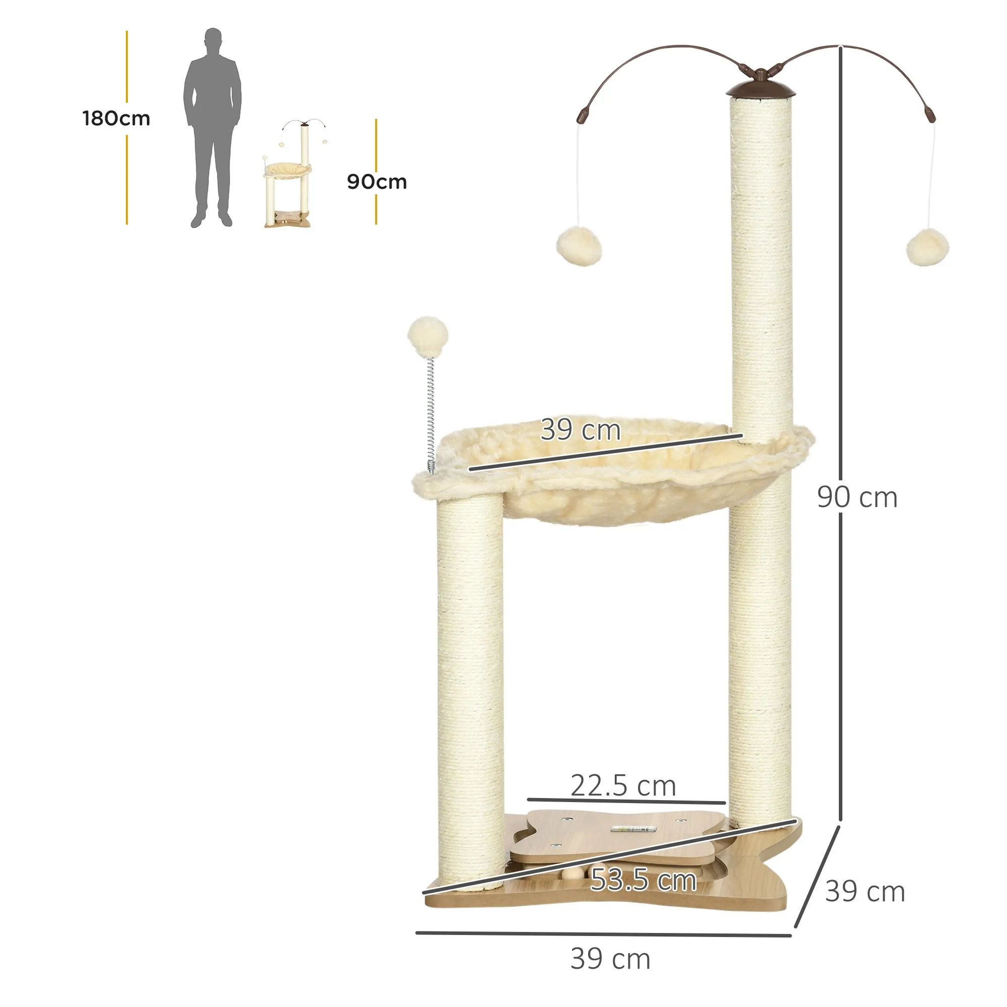 Cat Tree for Indoor Cats Kitten Play Tower with Sisal Scratching Posts Hammock Ball Toy, Beige, 53.5x53.5x90 cm