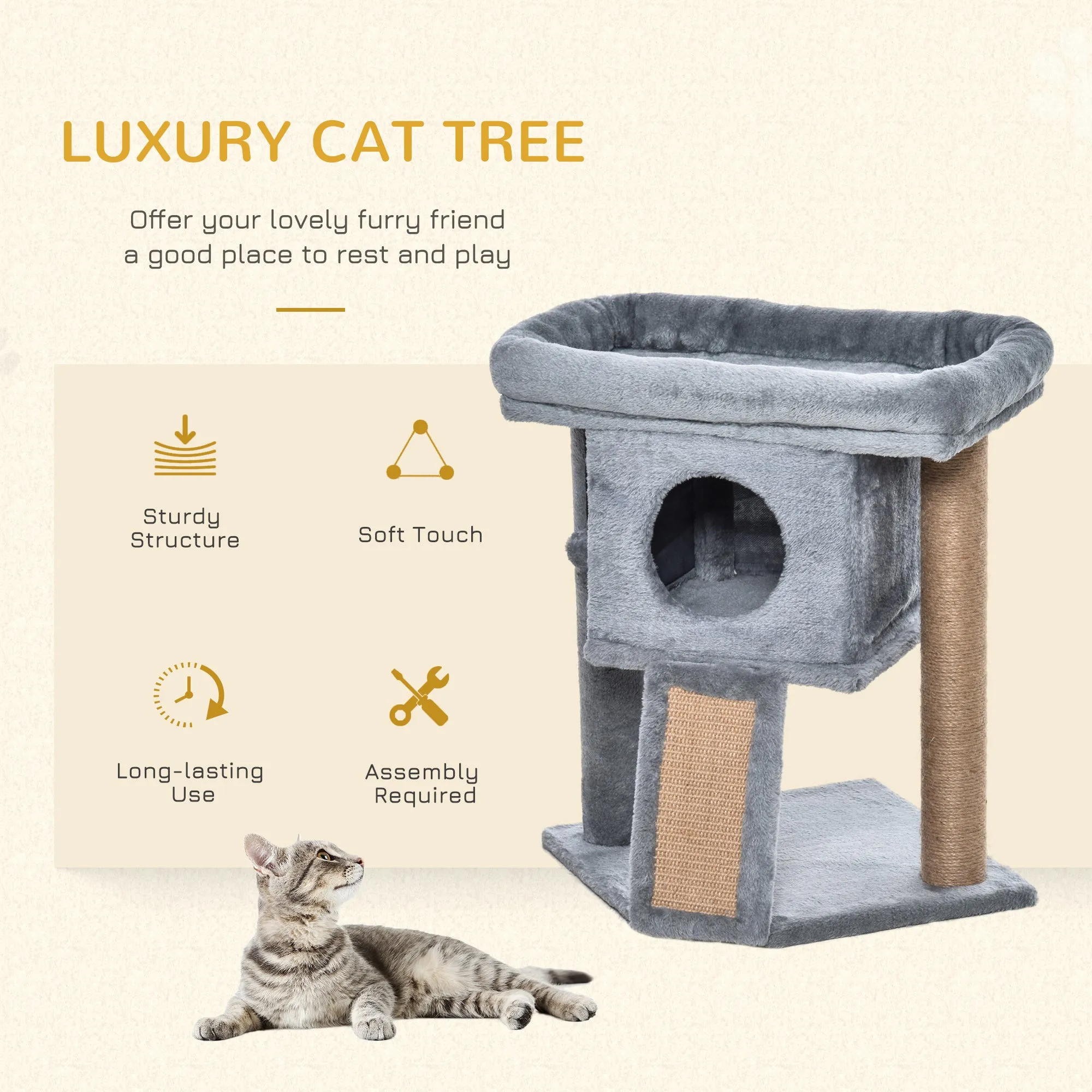 Cat Tree Tower for Indoor Cats Climbing Activity Center Kitten Furniture with Jute Scratching Pad Ball Toy Condo Perch Bed 40 x 40 x 57cm Grey