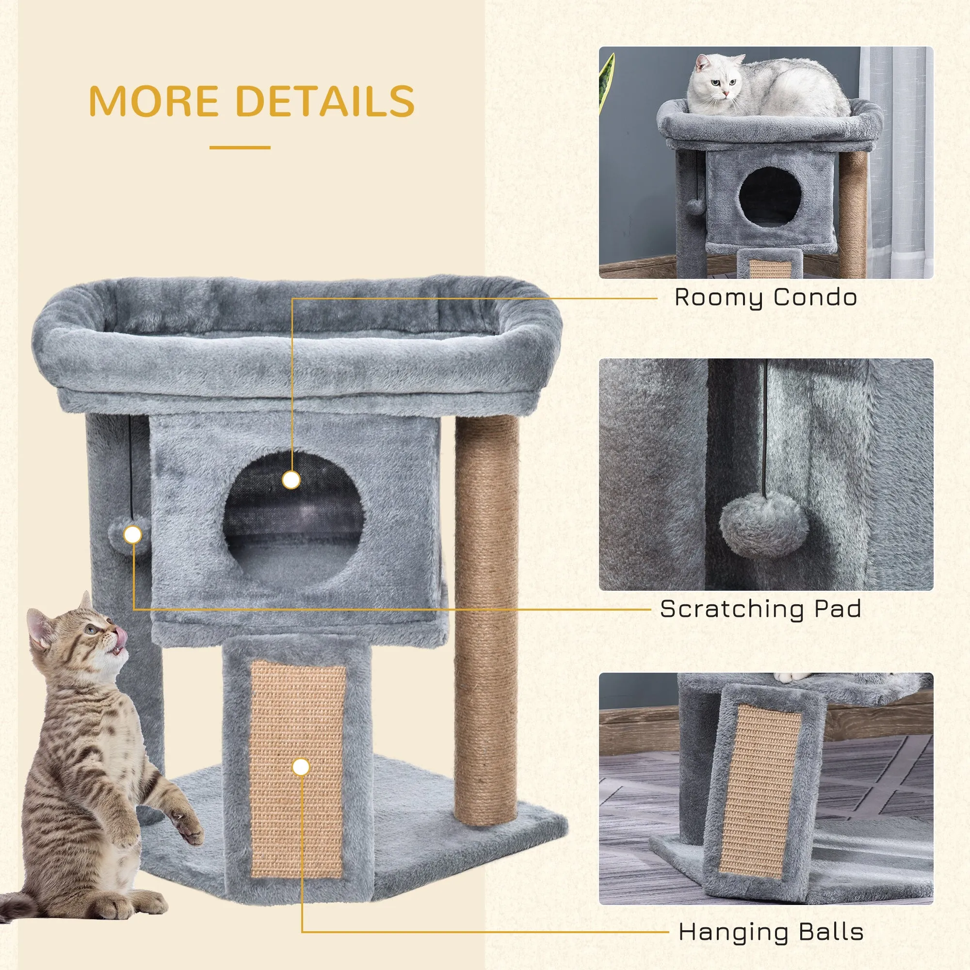 Cat Tree Tower for Indoor Cats Climbing Activity Center Kitten Furniture with Jute Scratching Pad Ball Toy Condo Perch Bed 40 x 40 x 57cm Grey