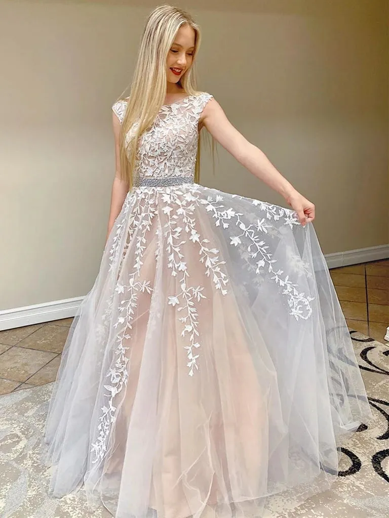 Chic Pretty Long A-line Scoop Neckline Backless Princess Prom Dresses With Lace Appliques PO918