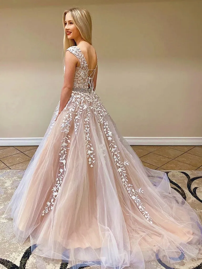 Chic Pretty Long A-line Scoop Neckline Backless Princess Prom Dresses With Lace Appliques PO918