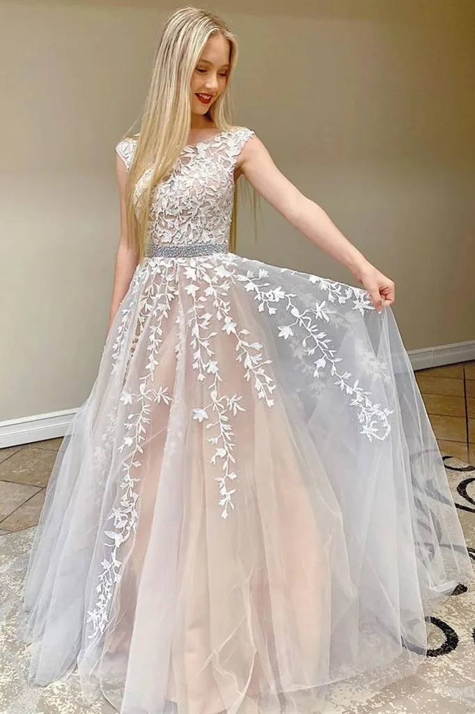 Chic Pretty Long A-line Scoop Neckline Backless Princess Prom Dresses With Lace Appliques PO918