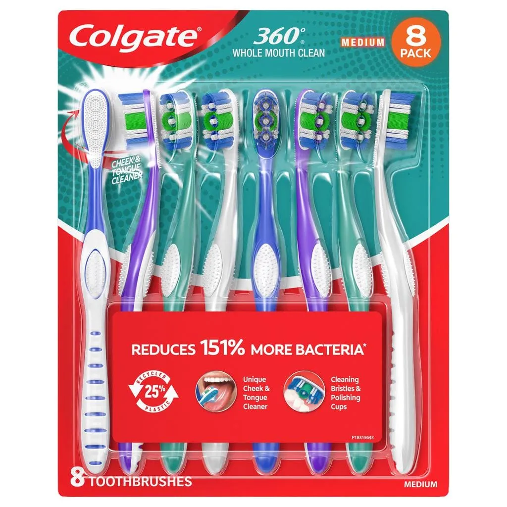 Colgate 360 Toothbrushes 8 Units. The Colgate 360° Adult Toothbrush reduces 151% more bad breath-causing bacteria than an ordinary flat toothbrush.-437749-0035000975171