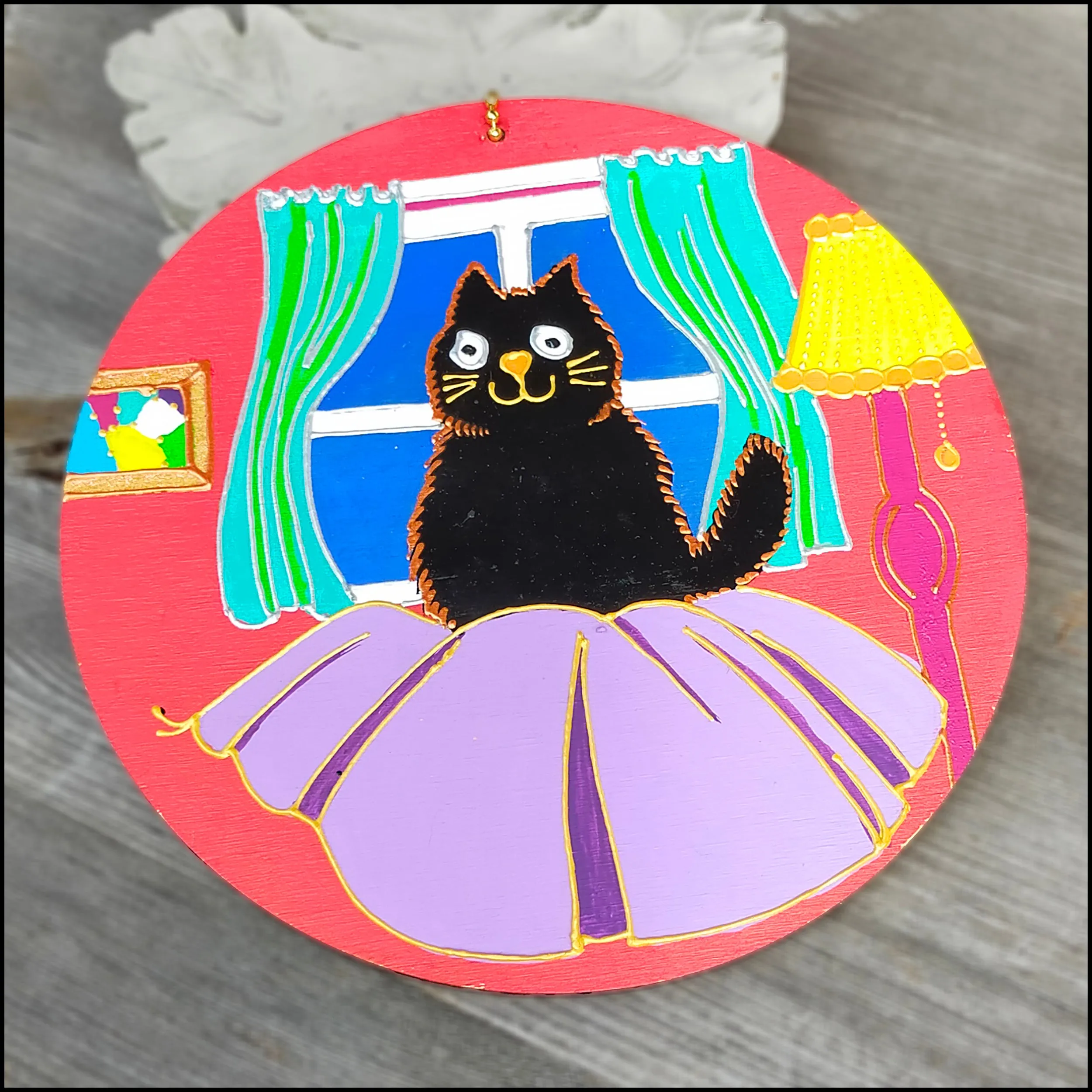 Colourful Cat Wooden Wall Hanging