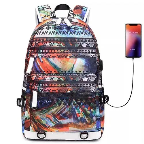 Colourful Print USB School Backpack