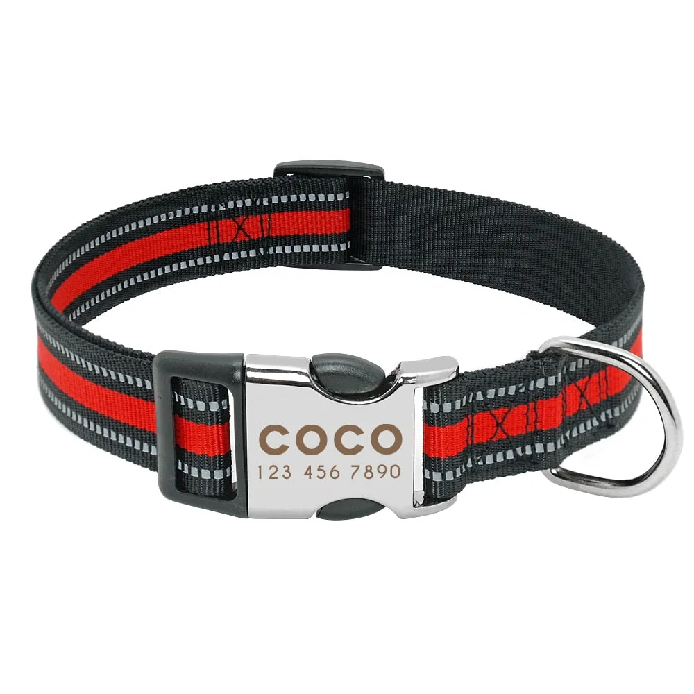 Custom Nylon Dog Collar with Engraved ID Reflective Tag