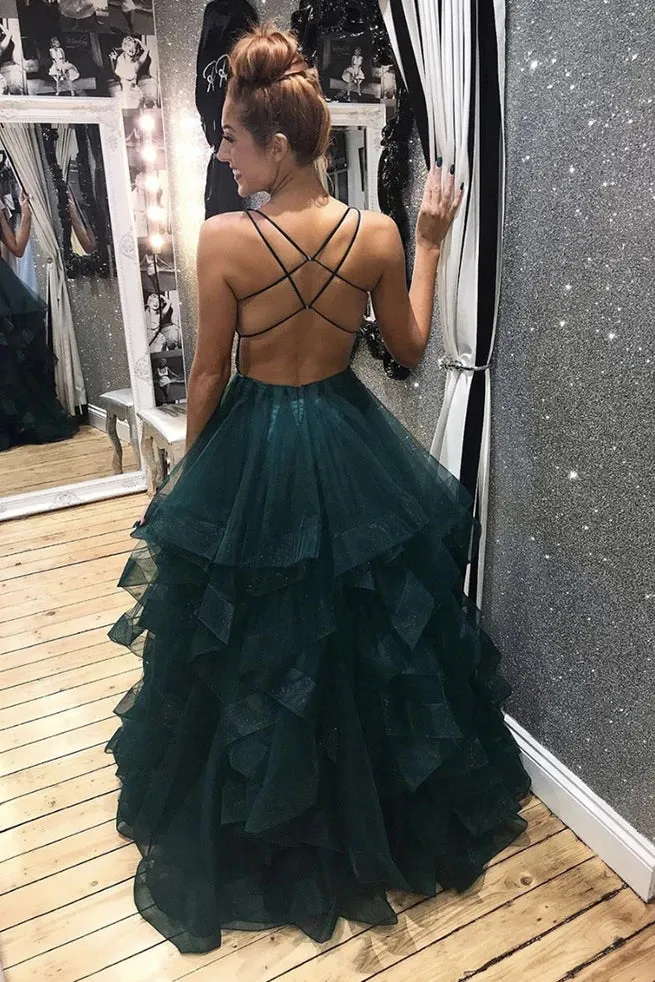 Dark Green Tulle Backless Prom Dresses, Long Evening Dress PO378