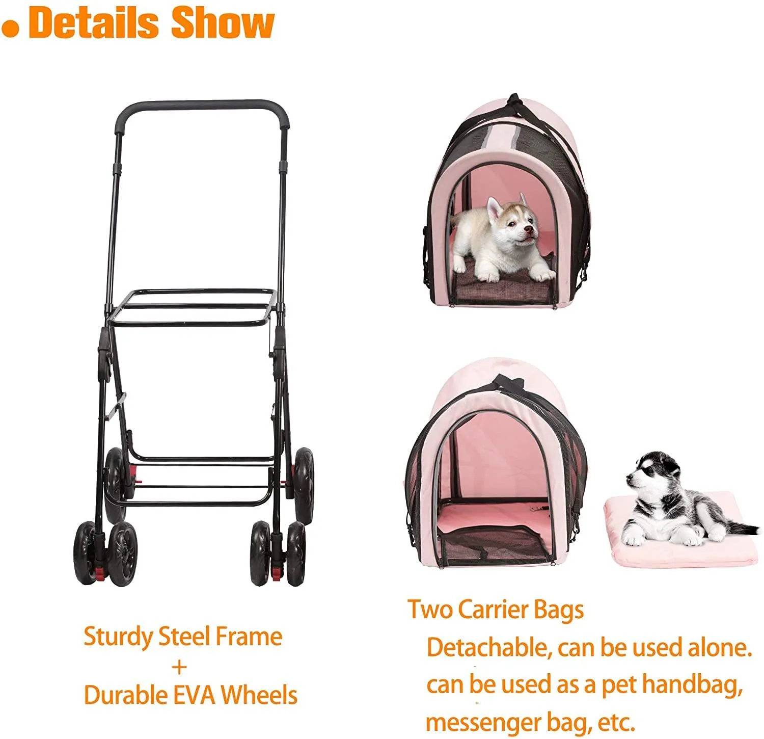 Detachable 3-in-1 Double Pet Stroller with 2 Travel Carriage Bags, Pink