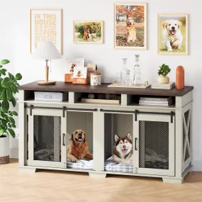 Dog Crate Furniture, 71" Heavy Duty Dog Kennel with 3 Storage Cubby for 2 Dogs, Versatile Dog House with Removable Divider and 2 Sliding Barn Door for Large Dog, White/Dark Walnut