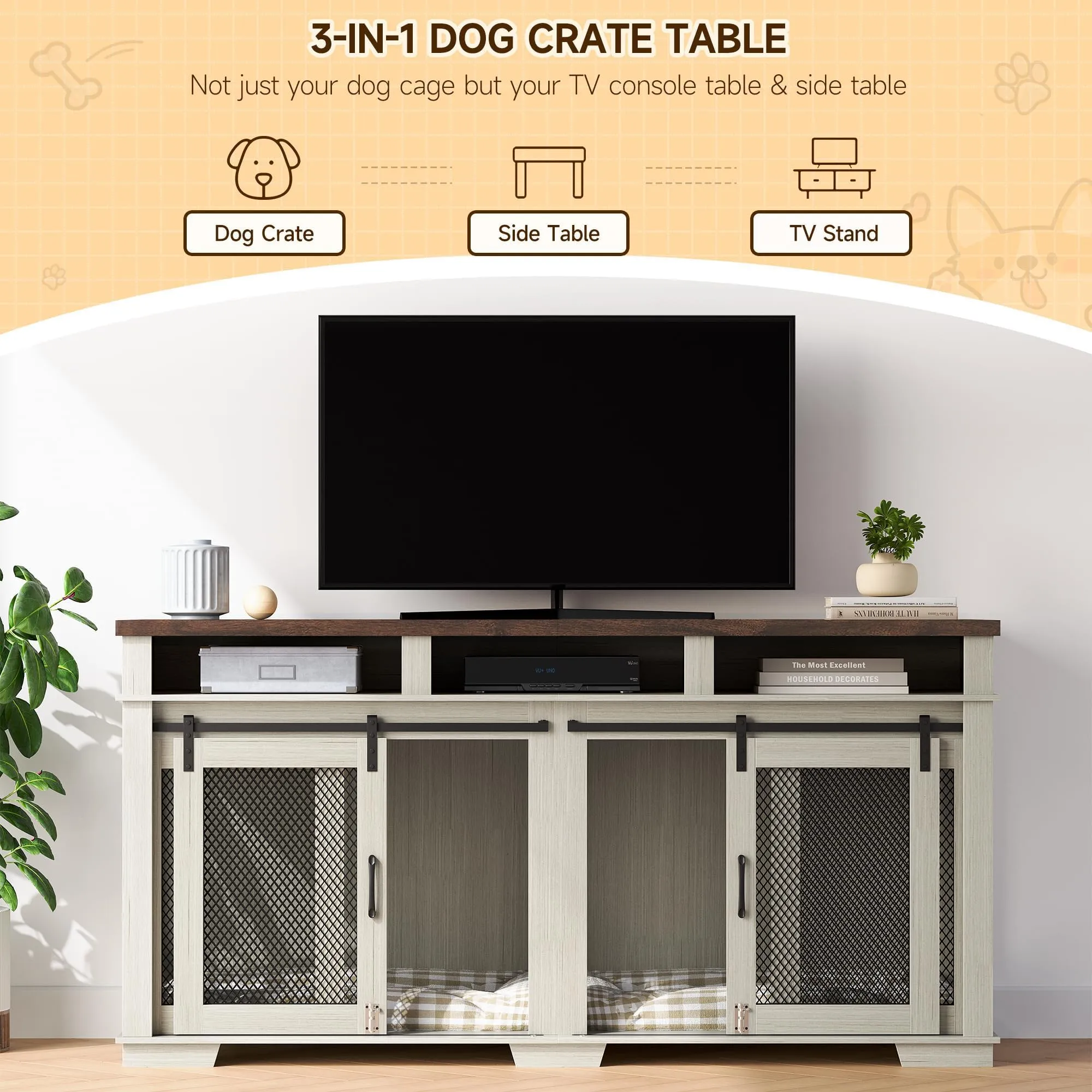 Dog Crate Furniture, 71" Heavy Duty Dog Kennel with 3 Storage Cubby for 2 Dogs, Versatile Dog House with Removable Divider and 2 Sliding Barn Door for Large Dog, White/Dark Walnut