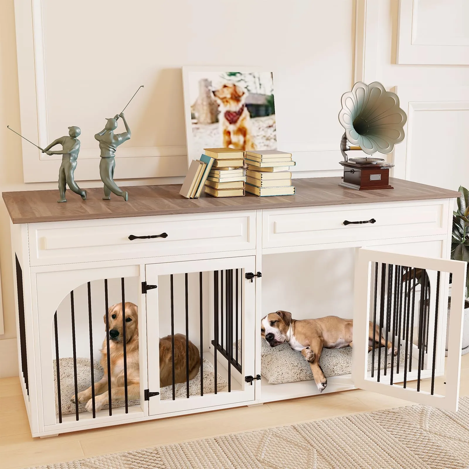 Dog Crate Furniture, 74.8''Wooden Dog Kennel with 2 Drawers and Removable Divider, Dog Kennel Indoor Furniture with Double Rooms, Heavy Duty Dog Crate Table Indoor TV Stand for Large Medium Dogs