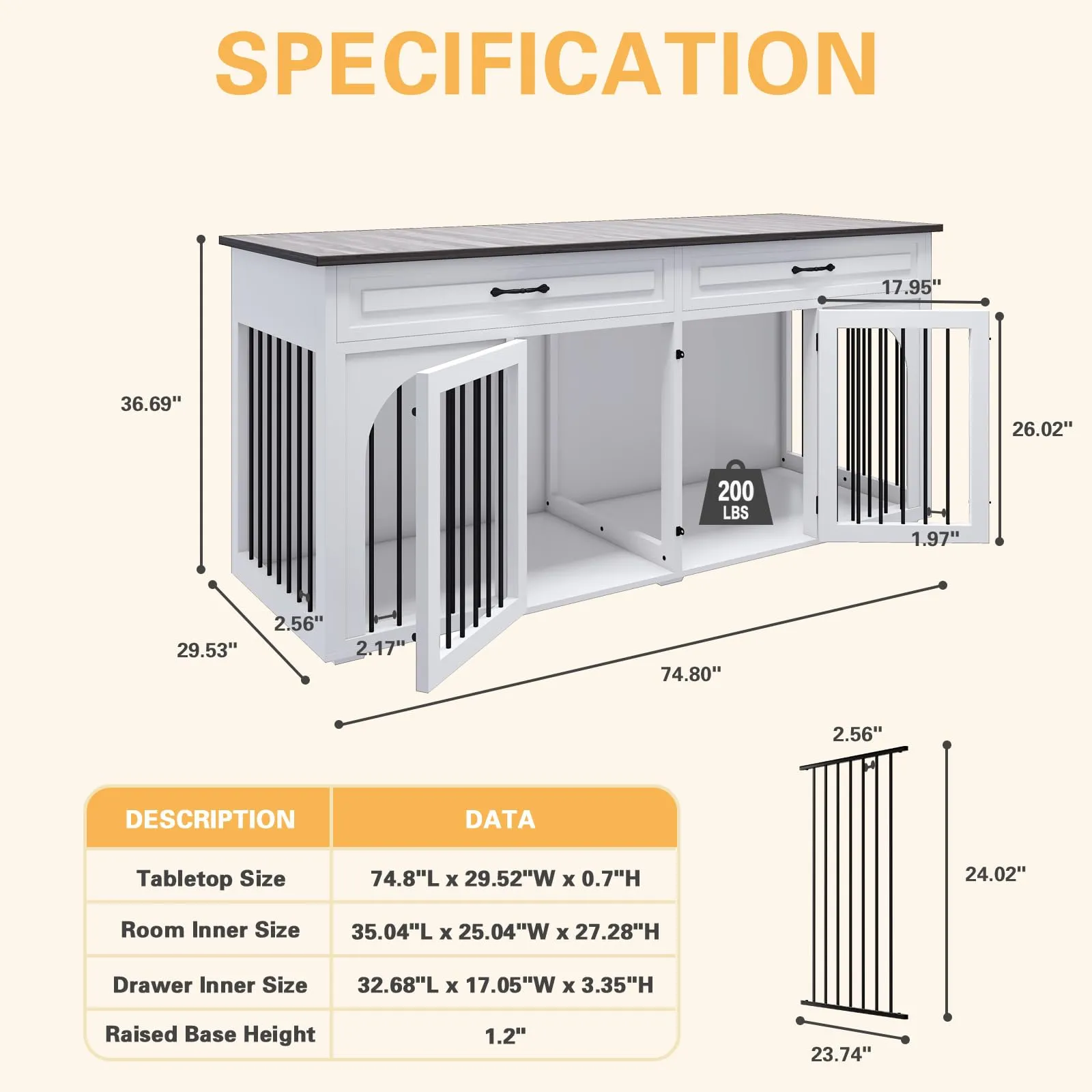 Dog Crate Furniture, 74.8''Wooden Dog Kennel with 2 Drawers and Removable Divider, Dog Kennel Indoor Furniture with Double Rooms, Heavy Duty Dog Crate Table Indoor TV Stand for Large Medium Dogs