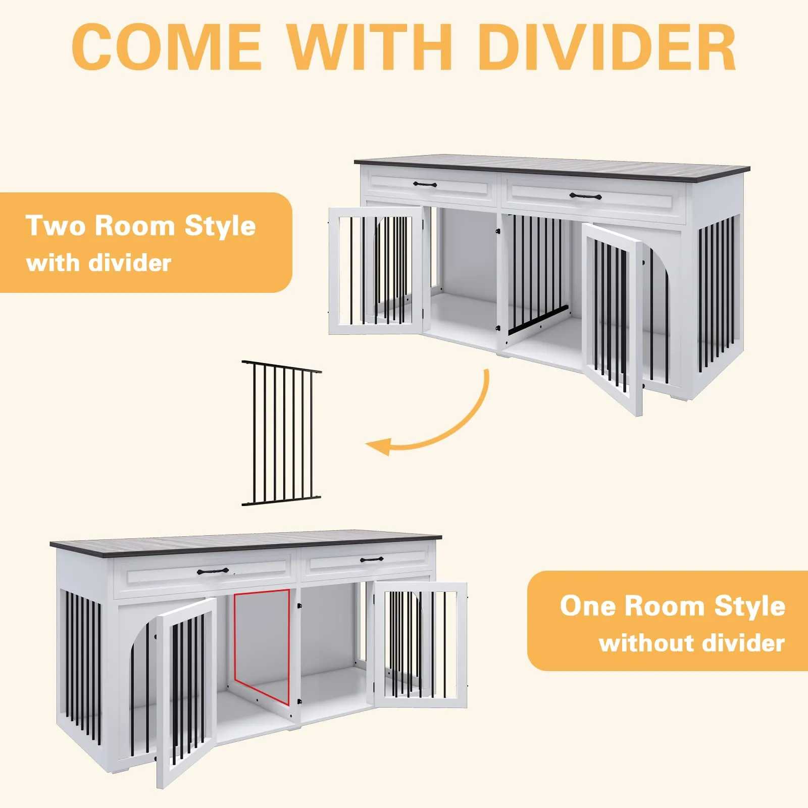 Dog Crate Furniture, 74.8''Wooden Dog Kennel with 2 Drawers and Removable Divider, Dog Kennel Indoor Furniture with Double Rooms, Heavy Duty Dog Crate Table Indoor TV Stand for Large Medium Dogs