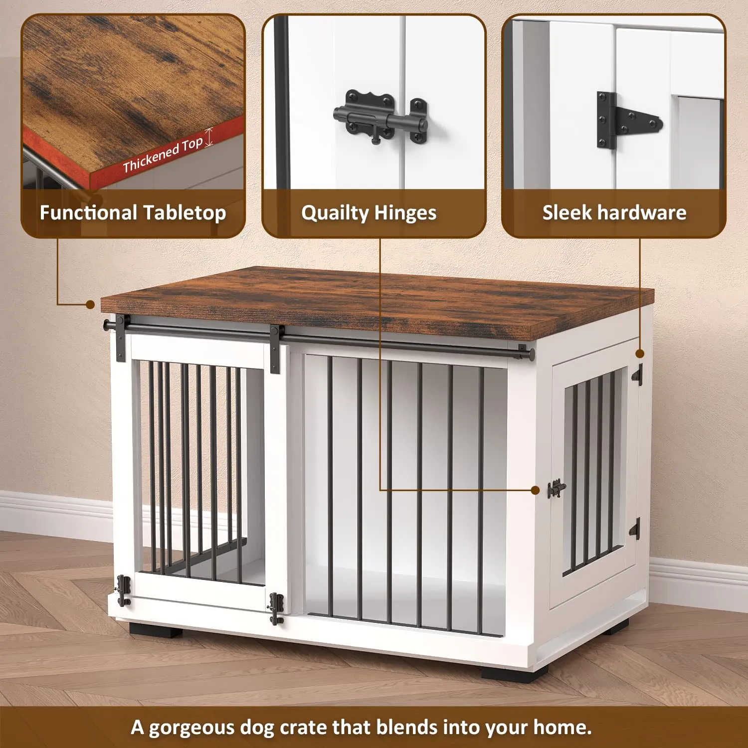 Dog Crate Furniture for Large Dogs Up to 60 lbs. - Barn Door Puppy Kennel w/Thickened Farmhouse Top & Metal Bars - 37'' Wide - White Decorative Modern Dog Crate Table, End Table, Nightstand