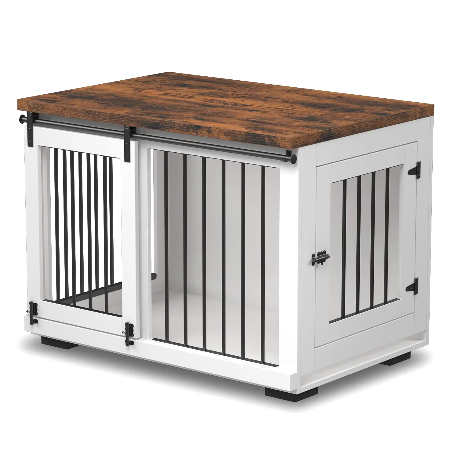 Dog Crate Furniture for Large Dogs Up to 60 lbs. - Barn Door Puppy Kennel w/Thickened Farmhouse Top & Metal Bars - 37'' Wide - White Decorative Modern Dog Crate Table, End Table, Nightstand