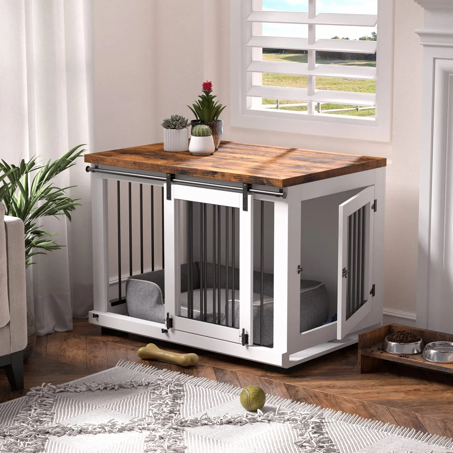 Dog Crate Furniture for Large Dogs Up to 60 lbs. - Barn Door Puppy Kennel w/Thickened Farmhouse Top & Metal Bars - 37'' Wide - White Decorative Modern Dog Crate Table, End Table, Nightstand