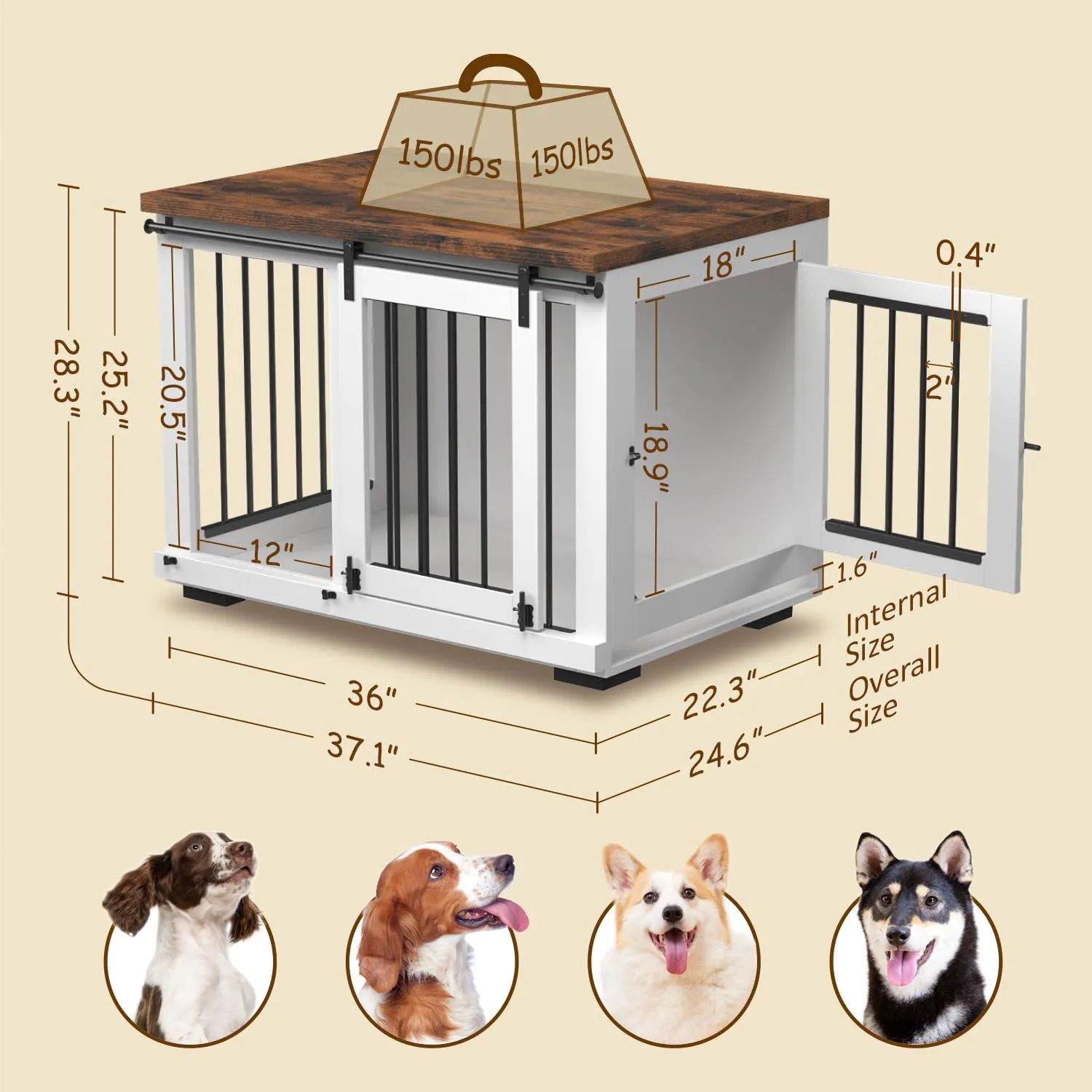 Dog Crate Furniture for Large Dogs Up to 60 lbs. - Barn Door Puppy Kennel w/Thickened Farmhouse Top & Metal Bars - 37'' Wide - White Decorative Modern Dog Crate Table, End Table, Nightstand