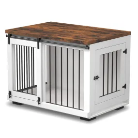 Dog Crate Furniture for Large Dogs Up to 60 lbs. - Barn Door Puppy Kennel w/Thickened Farmhouse Top & Metal Bars - 37'' Wide - White Decorative Modern Dog Crate Table, End Table, Nightstand