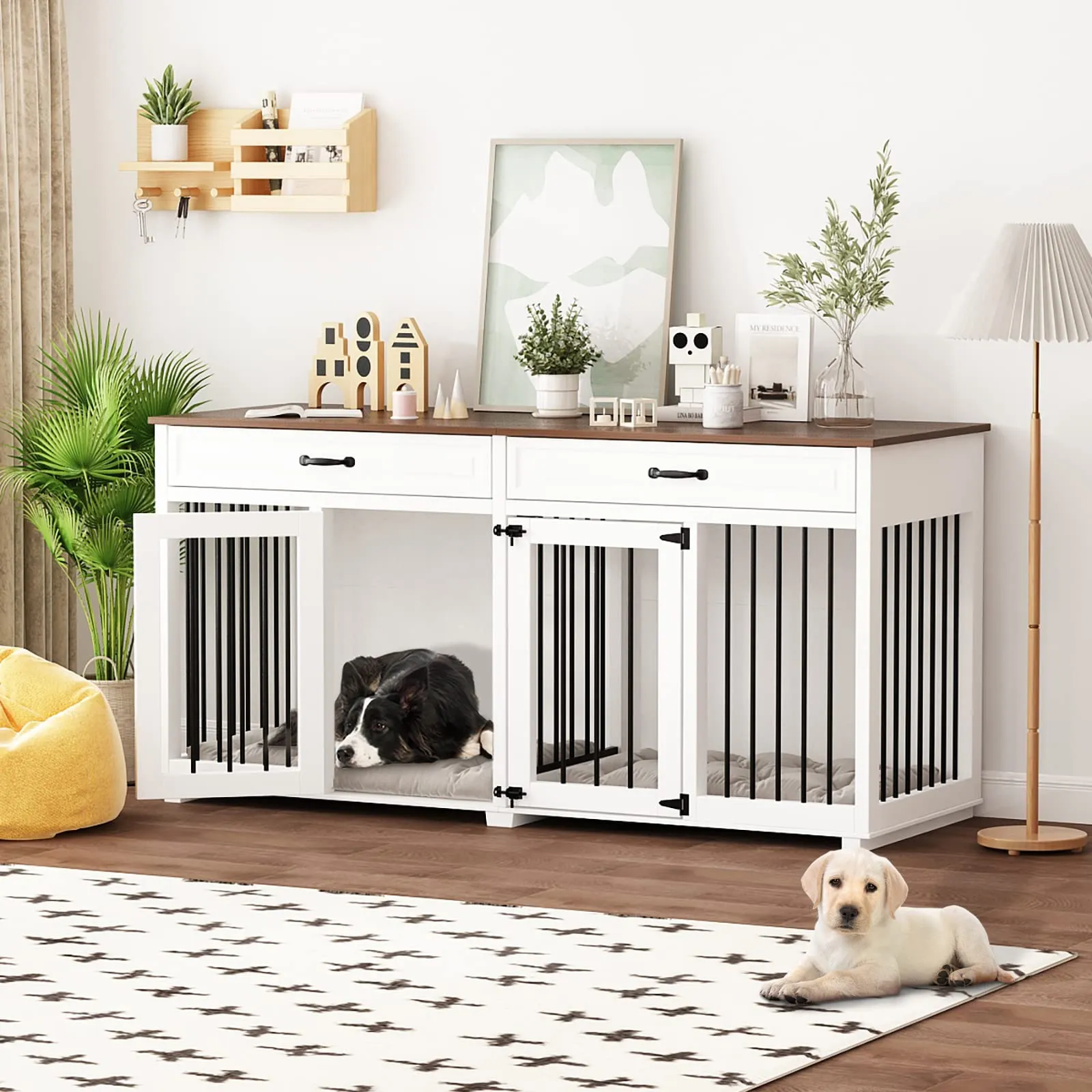 Furniture Style Dog Crate, Large Dog Kennel with Drawers & Divider,