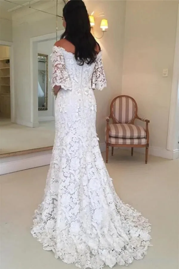 Half Sleeve Lace Wedding Dresses Off Shoulder Mermaid Bridal Gown OW688