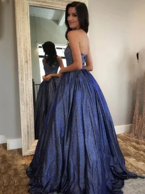 Halter A-Line Sparkle Navy Blue Long Prom Dresses with Pockets PO330