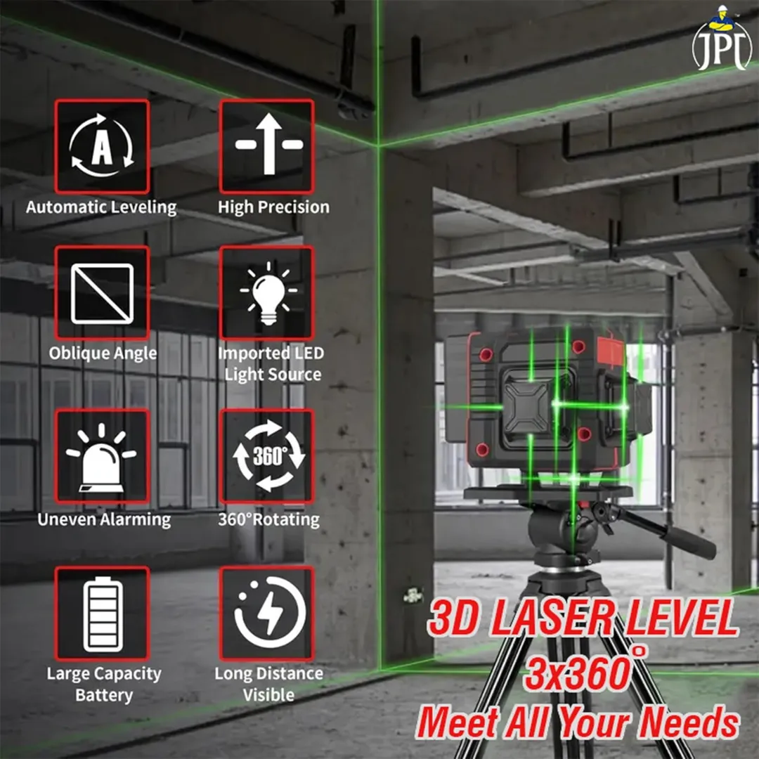 JPT 360° 3D Self-Leveling Laser Level with Mini Tripod – High-Precision Cross Line Tool for Construction, Renovation, and Floor Tiling with 2x1500mAh Batteries, Charger and Durable Case