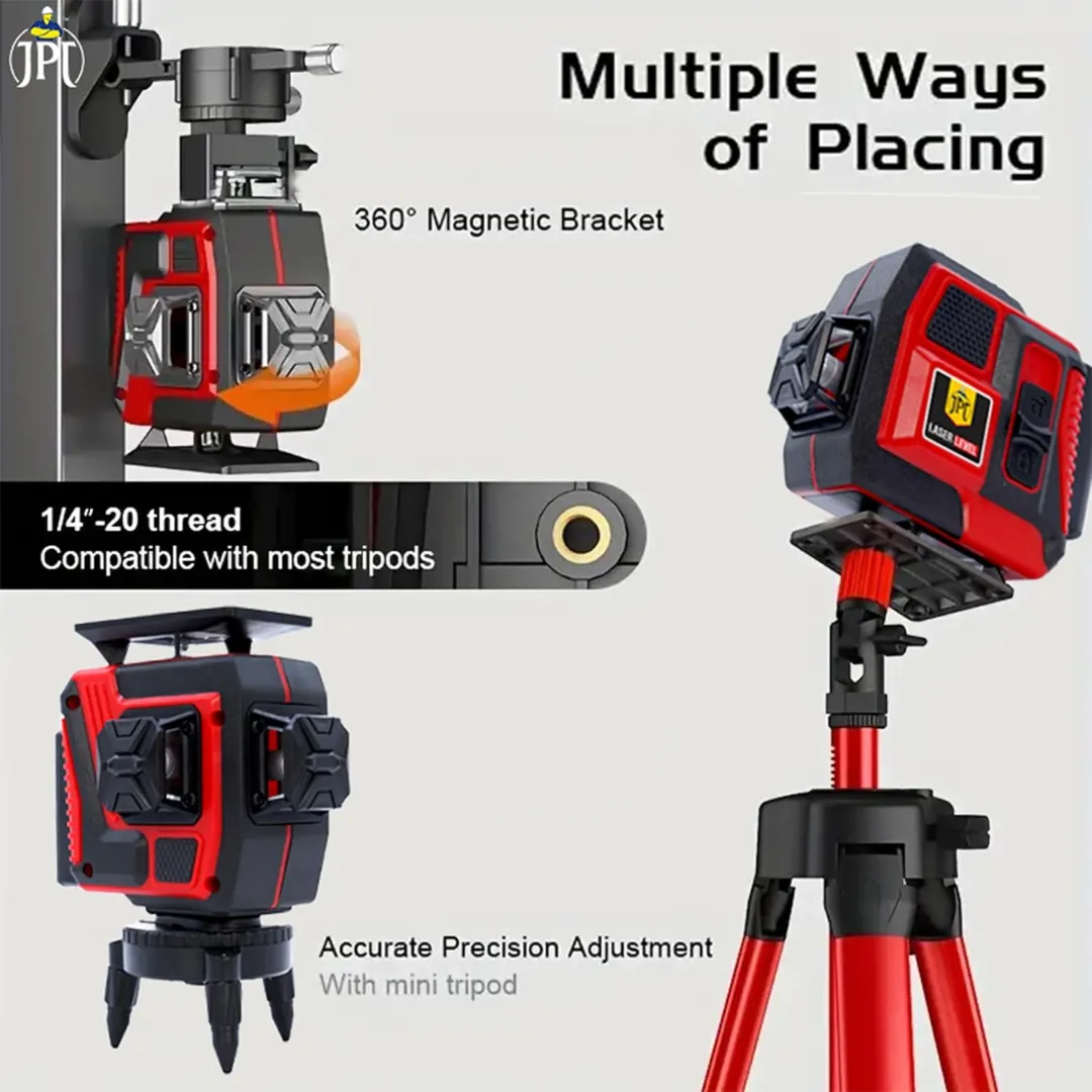 JPT 360° 3D Self-Leveling Laser Level with Mini Tripod – High-Precision Cross Line Tool for Construction, Renovation, and Floor Tiling with 2x1500mAh Batteries, Charger and Durable Case