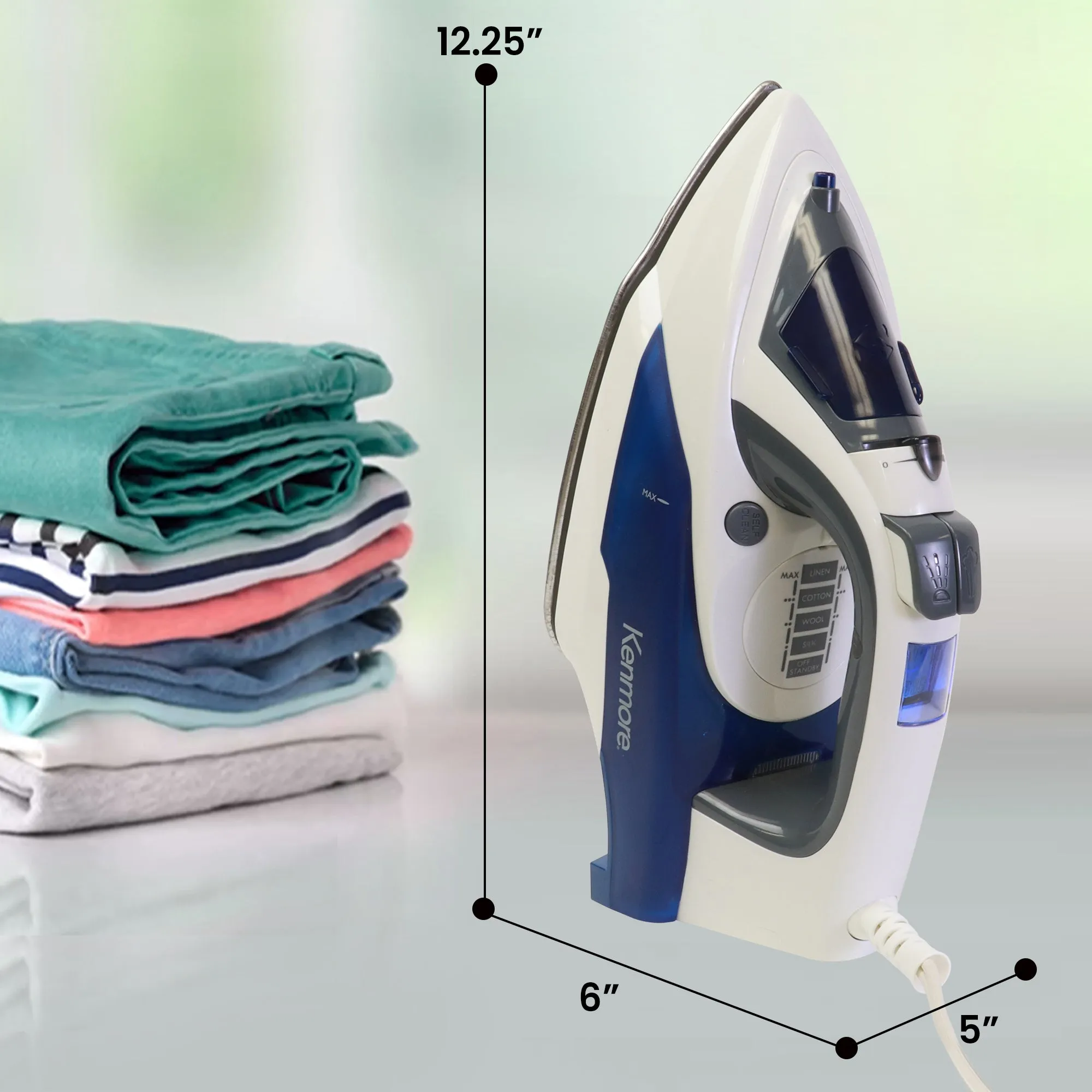 Kenmore Digital Power Steam Iron For Clothes, Stainless Steel Soleplate, Digital Temperature Control, 9 Fabric Presets, 1725W, Vertical Garment Steamer, 3-Way Auto-Off, Anti-Drip, Self-Clean, Blue