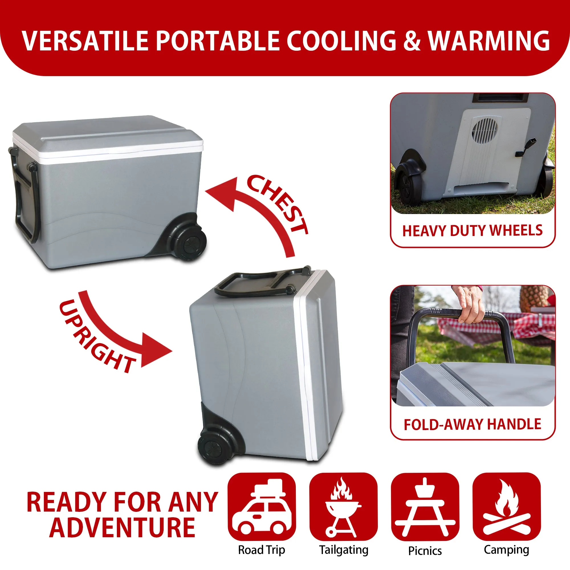 Koolatron Wheeled 12V Electric Cooler/Warmer, 34L (36qt) Rolling Thermoelectric Car Fridge, Two-Way Design 12 Volt DC Connection, Plug In Iceless Refrigerator, For Work Travel Vehicle Truck RV, Gray