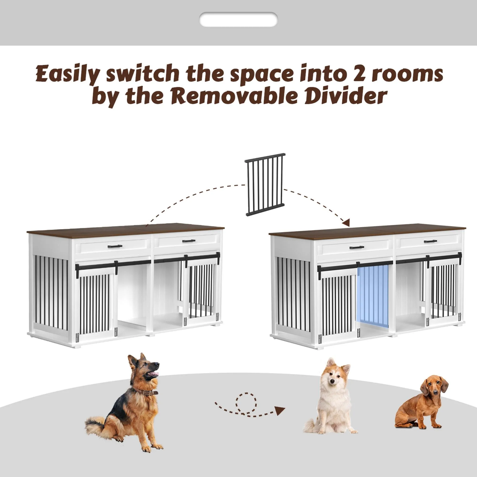 Large Dog Crate Furniture for 2 Dogs with Removable Divider, Double Wooden Dog Cage Table with 2 Large Drawers & Safety Locks, Decorative Indoor Dog Kennel Furniture, White