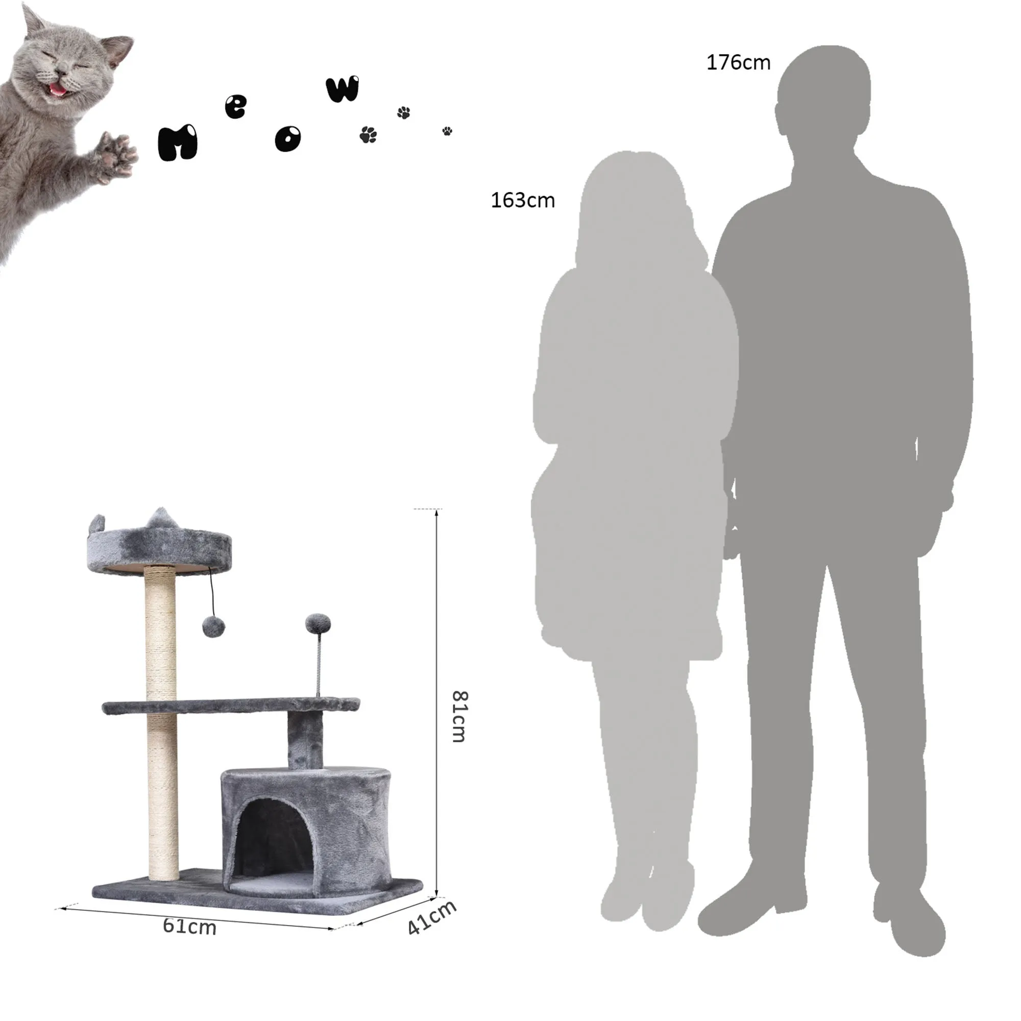 Mult Level Cat Tree for Indoor Cats with Scratching Post Bed Condo Perch, Kitten Climbing Tower, Grey 60L x 40W x 81H cm