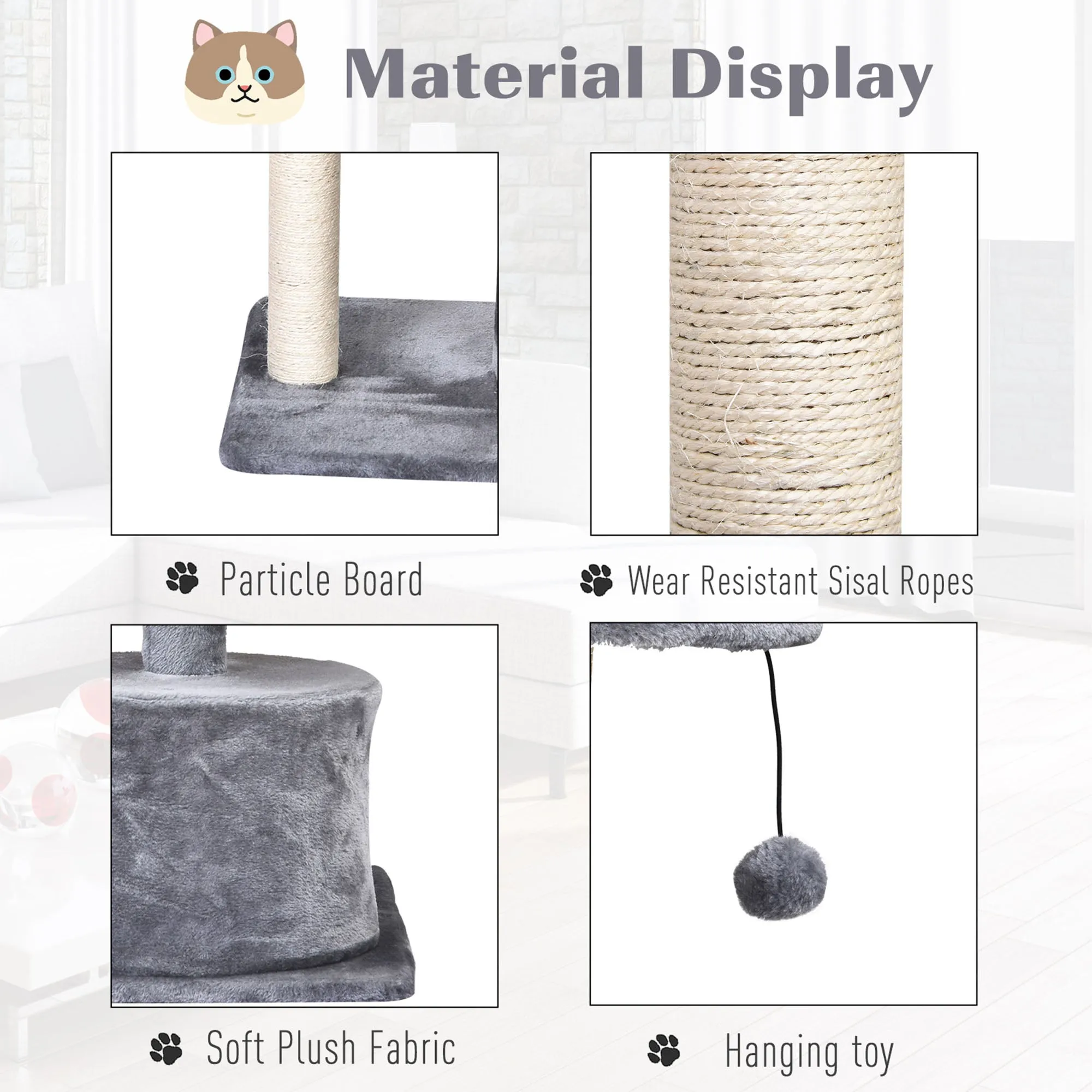 Mult Level Cat Tree for Indoor Cats with Scratching Post Bed Condo Perch, Kitten Climbing Tower, Grey 60L x 40W x 81H cm