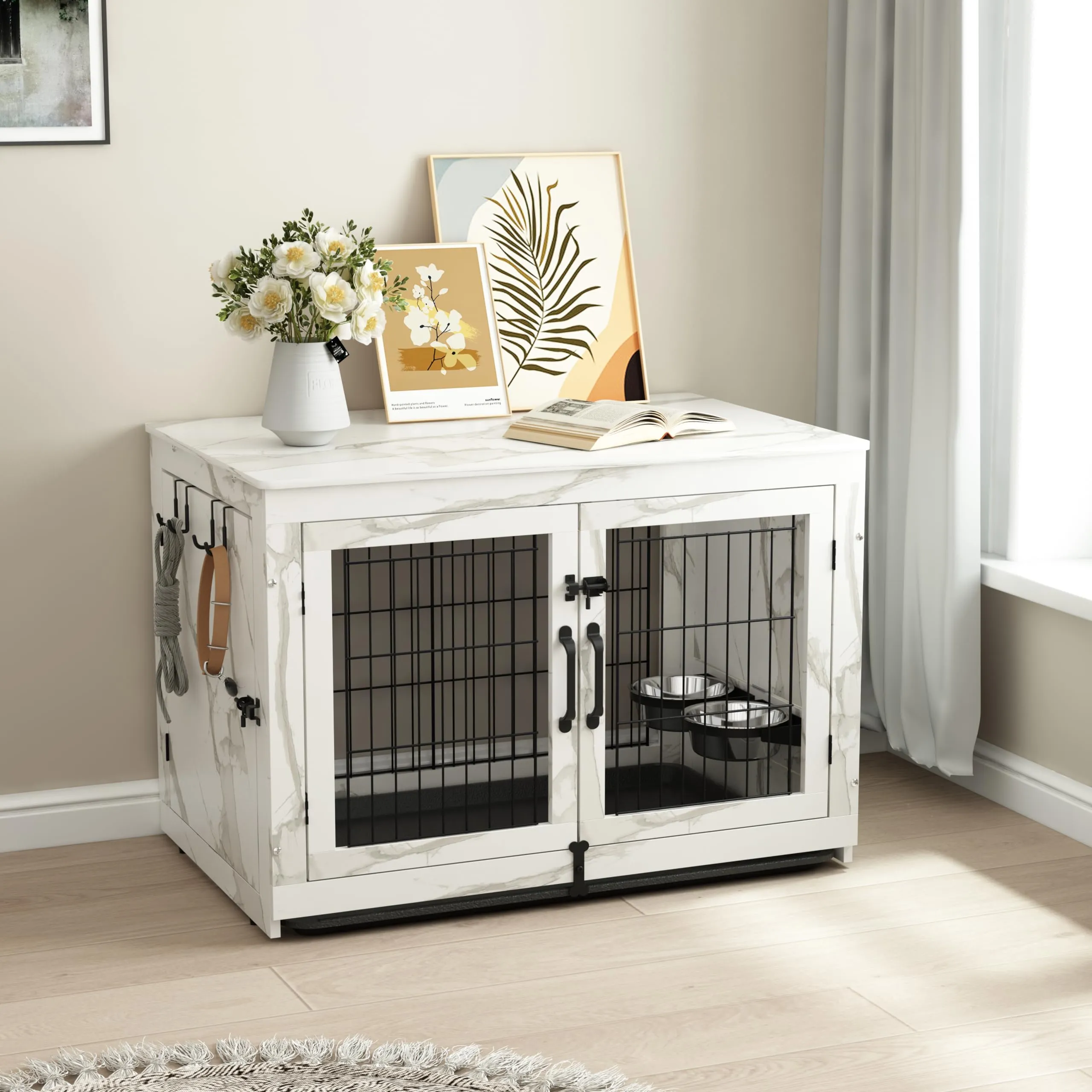 Piskyet Wooden Dog Crate Furniture with 360°Rotatable Removable Dog Bowls, Dog Crate End Table with Tray, Double Doors Dog Kennels forDogs(L:37.7" L*25.1" W*26.1" H, Marble White)