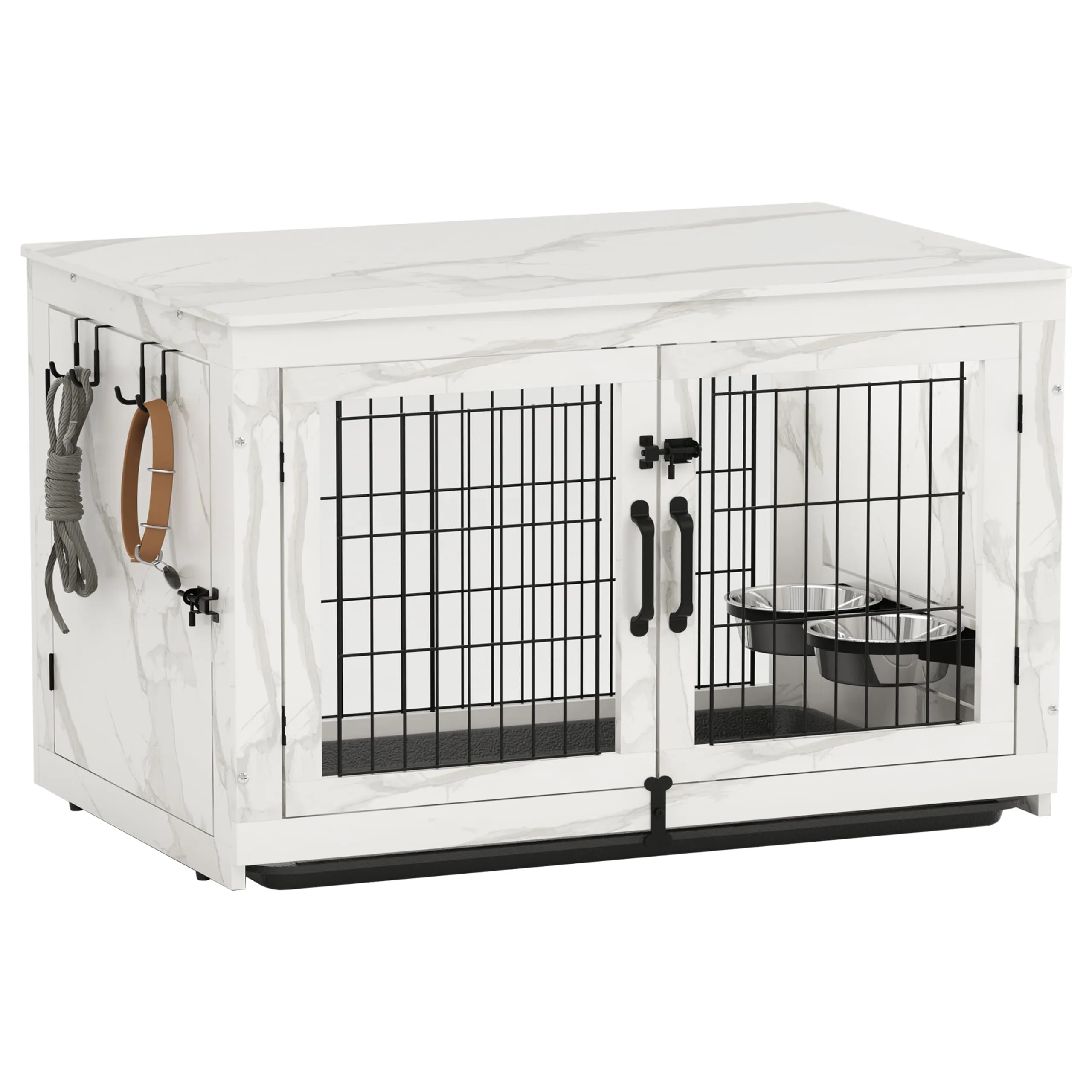 Piskyet Wooden Dog Crate Furniture with 360°Rotatable Removable Dog Bowls, Dog Crate End Table with Tray, Double Doors Dog Kennels forDogs(L:37.7" L*25.1" W*26.1" H, Marble White)