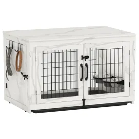 Piskyet Wooden Dog Crate Furniture with 360°Rotatable Removable Dog Bowls, Dog Crate End Table with Tray, Double Doors Dog Kennels forDogs(L:37.7" L*25.1" W*26.1" H, Marble White)