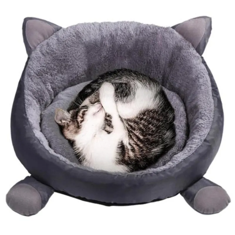 Plush Cat Bed Cute Cat Ears Raised Edge Non-slip Waterproof Bottom