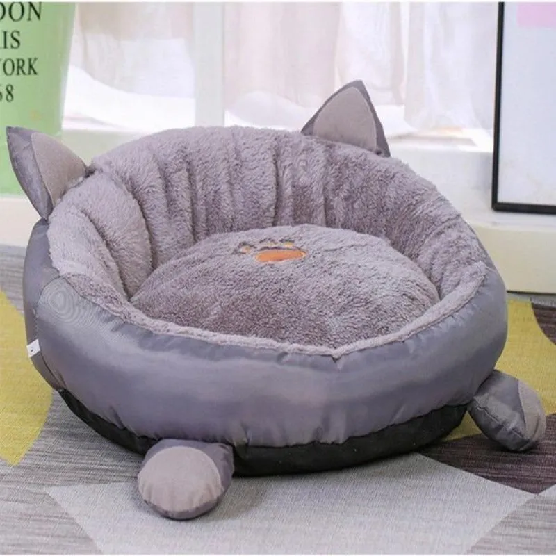 Plush Cat Bed Cute Cat Ears Raised Edge Non-slip Waterproof Bottom